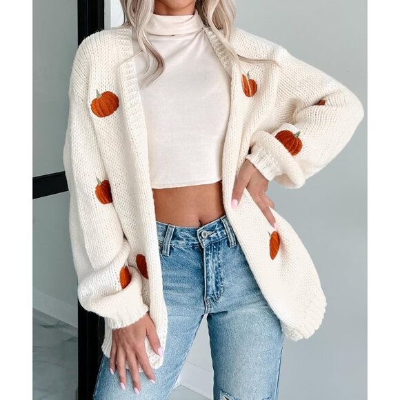 Women's Pumpkin Knit Cardigan Long Sleeve Sweater Casual Halloween Fall - Picture 2 of 3